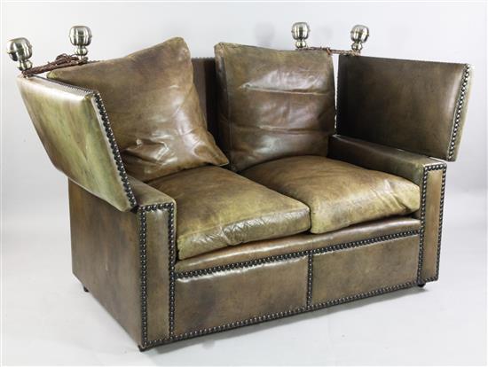 Brown leather & brass studded two seater Knole settee(-)